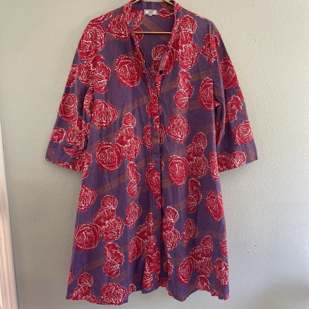 Nwot Zuri Kenya Purple Red floral a line Banded Collar Shirt Dress Pockets Xl